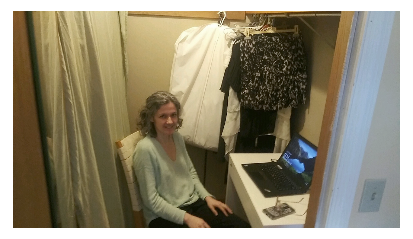 Wiline Pangle records a lecture in her makeshift closet studio