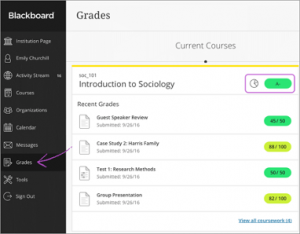 Screenshot of Grades menu in Blackboard