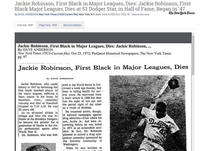 Newspaper article with the notice of Jackie Robinson’s death, New York Times, October 25, 1972