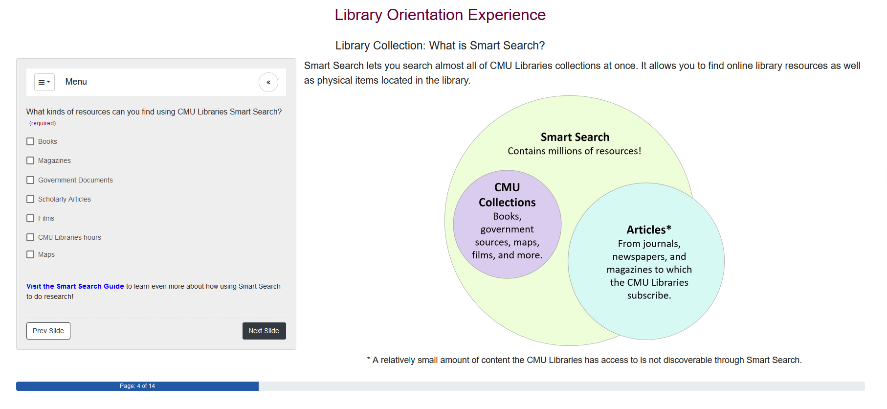 Screen grab of a page from the Library Orientation Experience tutorial