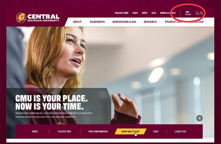cmich.edu home page with sign in button